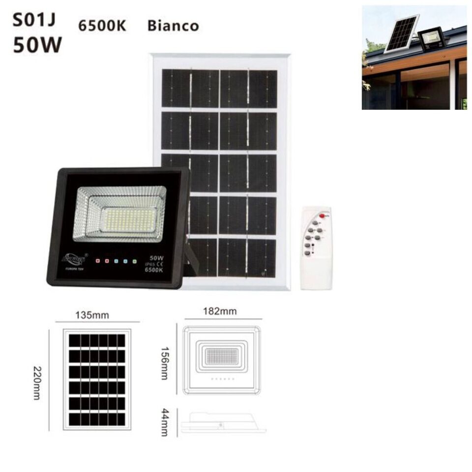 FARO LED FARETTO ALTA LUMINOSITA' PANNELLO SOLARE CREPUSCOLARE TELECOMANDO 50W