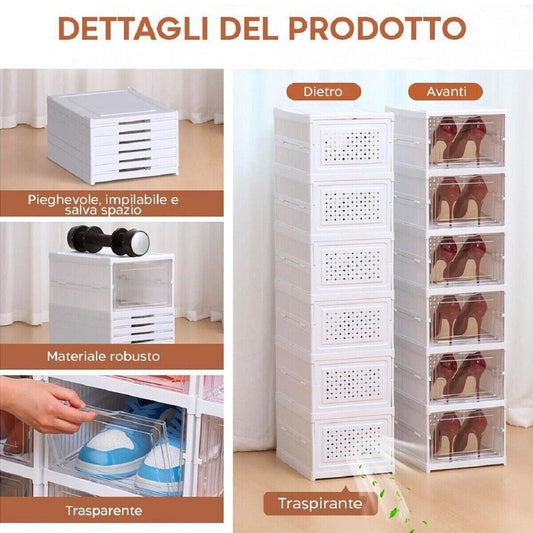 ÉTAGÈRE À CHAUSSURES 6 BOÎTES EMPILABLE CONTENEUR PLIANT ORGANISATEURS RANGE-CHAUSSURES