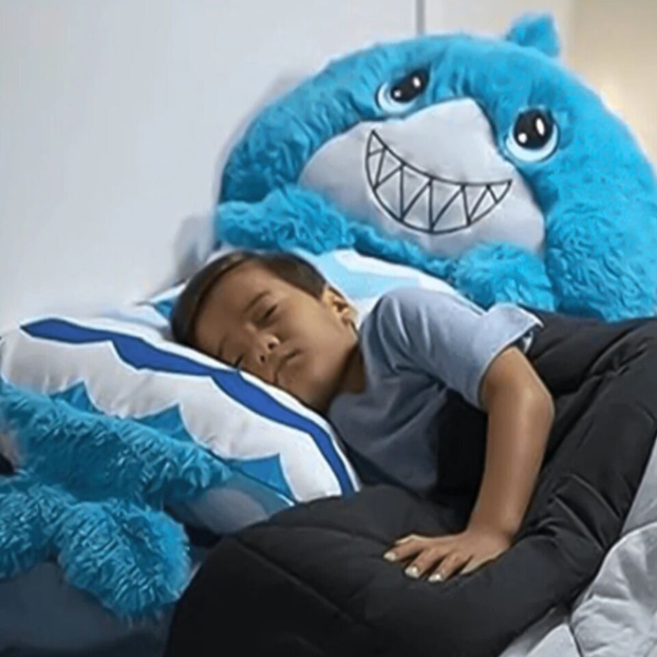 FEDERA COPRI CUSCINO CON PELUCHE RIMOVIBILE IDEA REGALO BAMBINI SQUALO