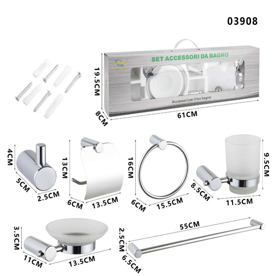 KIT COMPLETO 6 ACCESSORI BAGNO ASTA SAPONE WC GANCIO PORTA ASCIUGAMANO 03908
