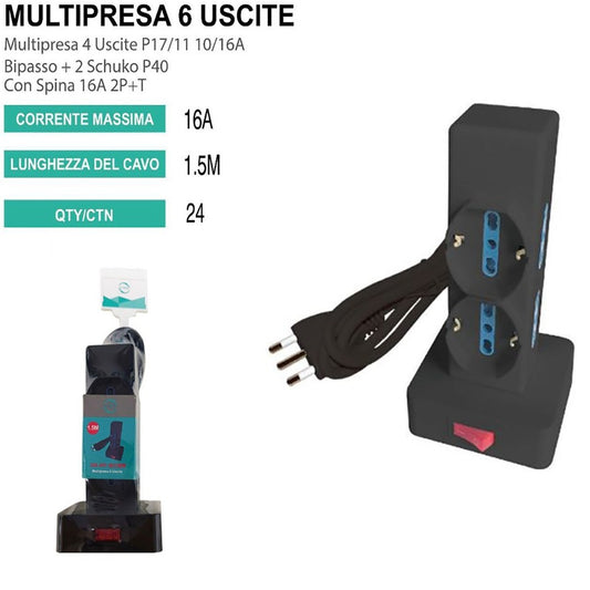 MULTIPRISE VERTICALE TOUR 6 PRISES 16A SCHUKO 250V INTERRUPTEUR MARCHE/ARRÊT