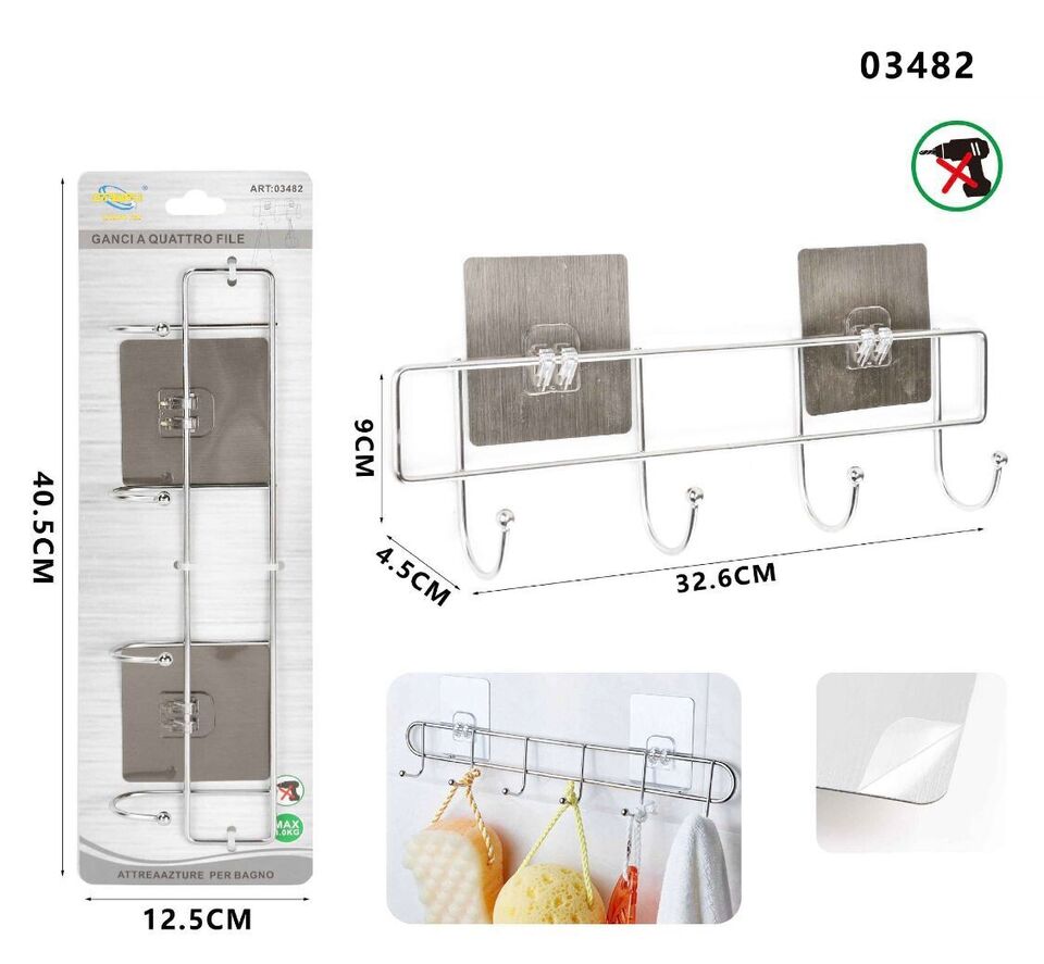 PORTA ASCIUGAMANI CON 4 GANCI BAGNO PARETE SALVIETTE GANCIO CASA ADESIVO 03482