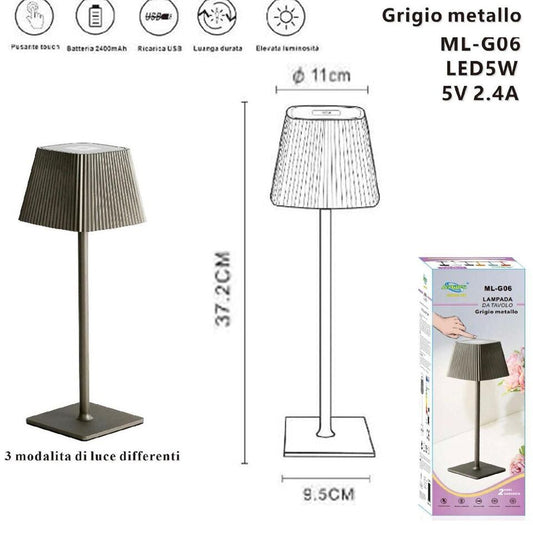 LAMPADA TAVOLO TOUCH LED MODERNA RICARICABILE BAR HOTEL RISTORANTE GRIGIO ML-G06