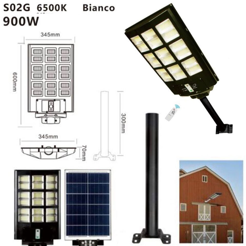 FARO LAMPIONE STRADALE PANNELLO SOLARE PALO TELECOMANDO SENSORE MOVIMENTO 900W