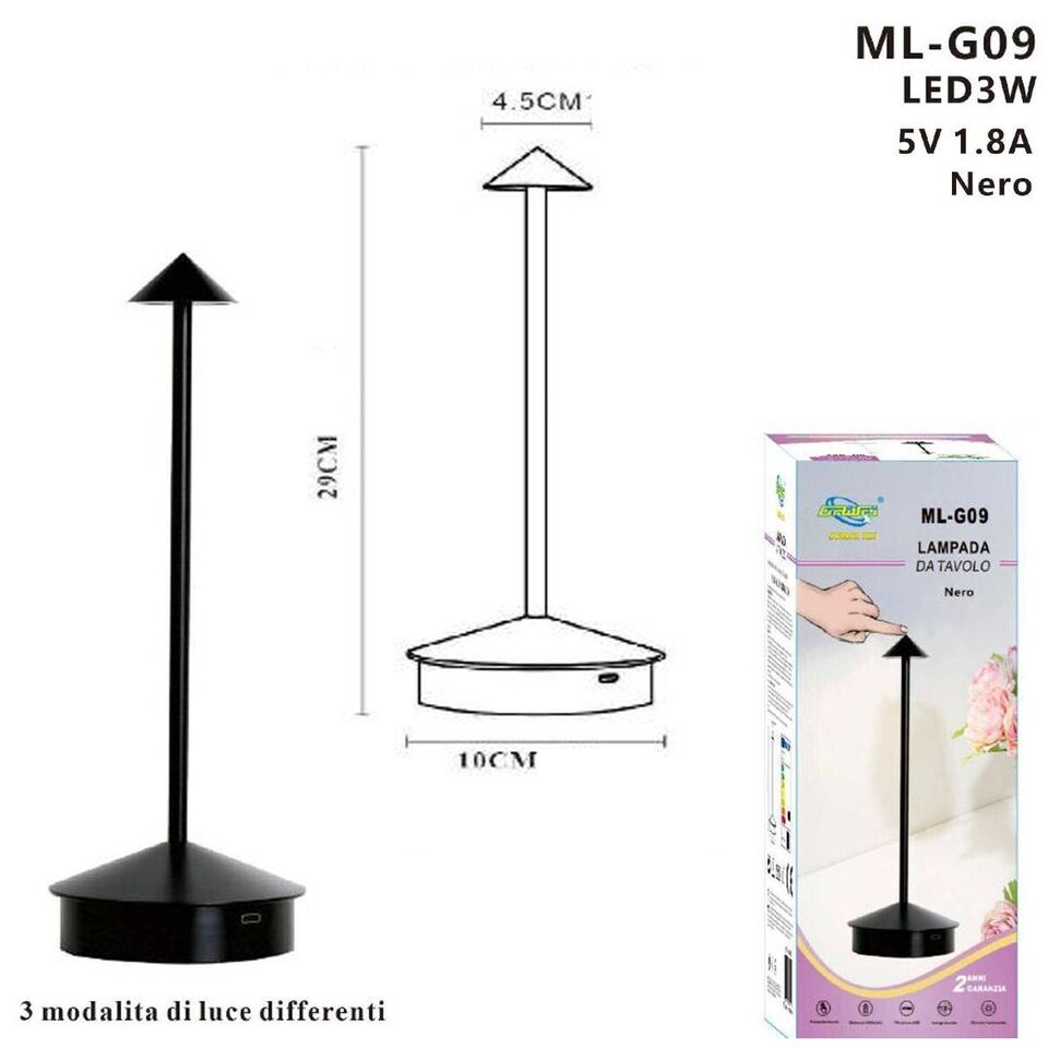 LAMPADA TAVOLO TOUCH LED MODERNA RICARICABILE BAR HOTEL RISTORANTE NERO ML-G09