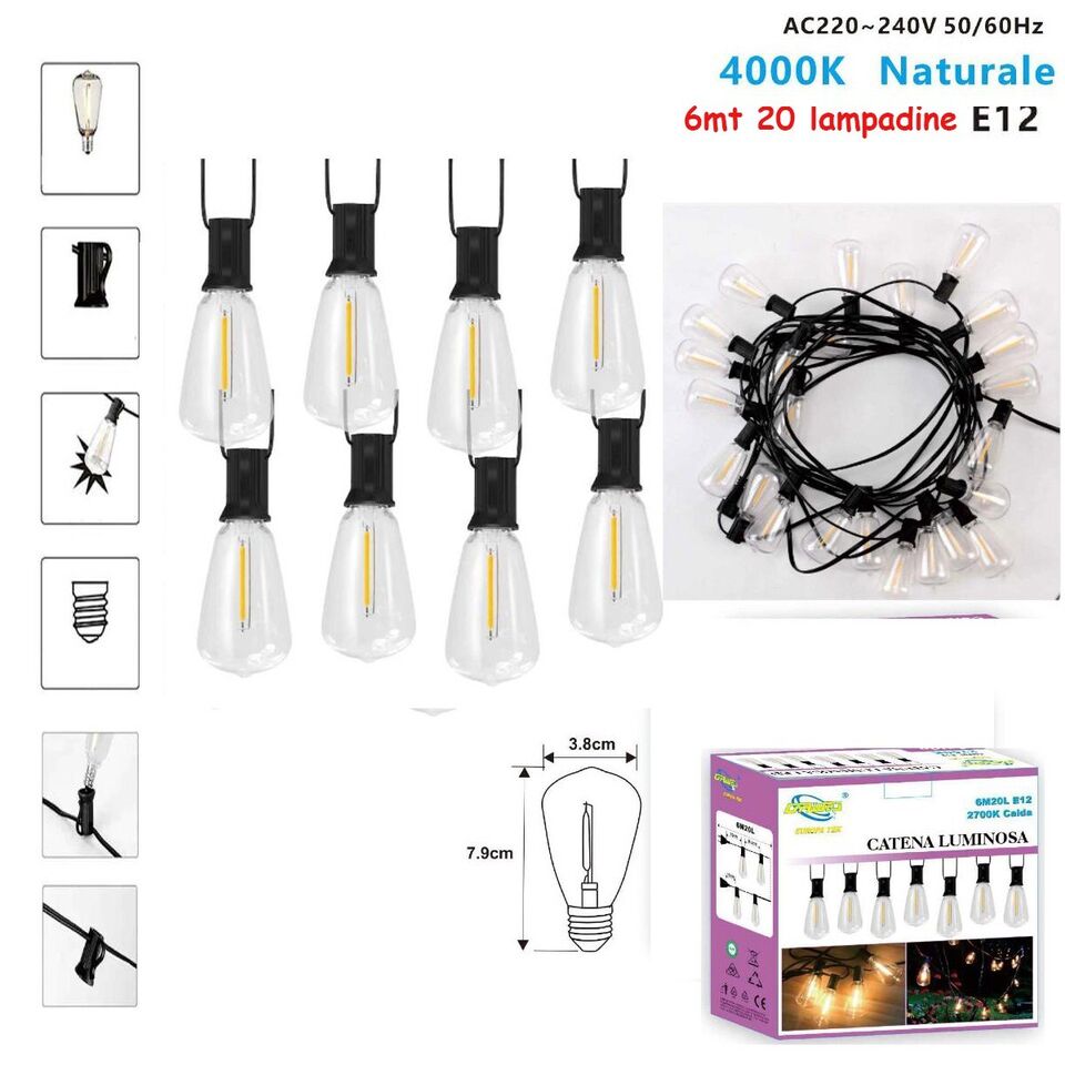 CATENARIA CATENA LUMINOSA 6MT CON 20 LAMPADINE E12 ESTERNO LUCE NATURALE 4000K
