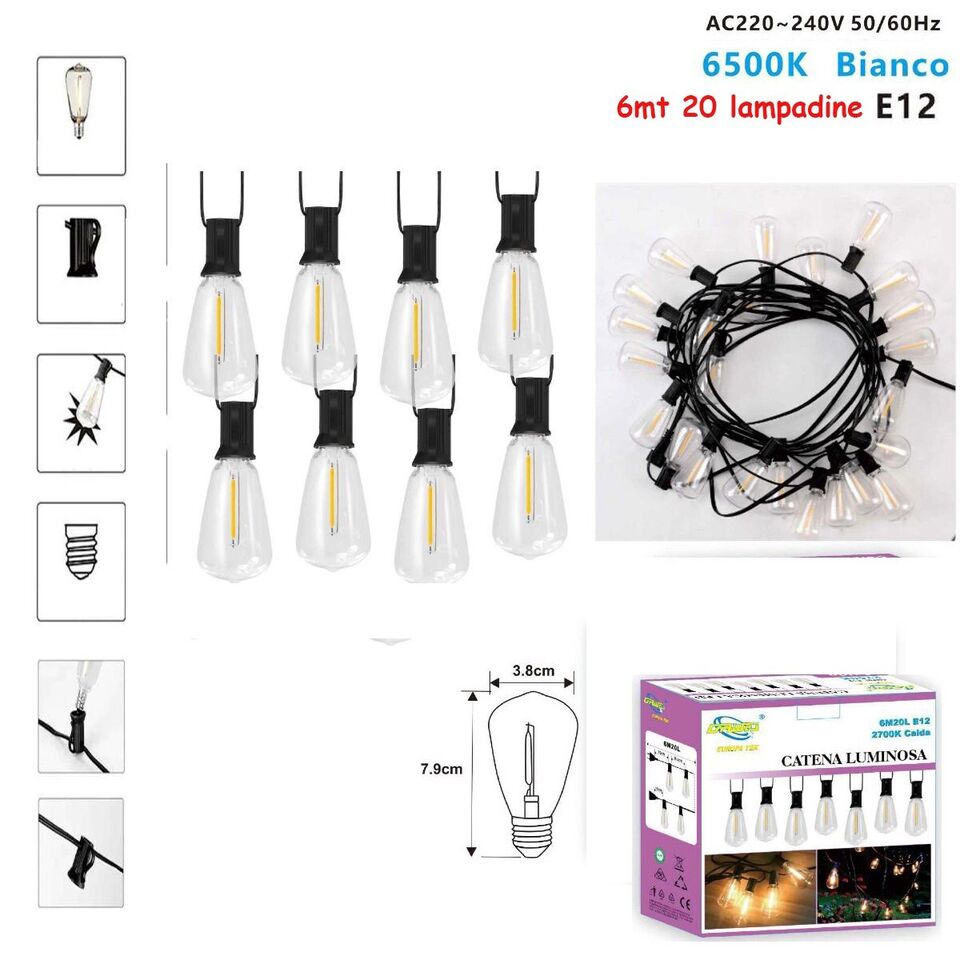 CATENARIA CATENA LUMINOSA 6MT CON 20 LAMPADINE E12 ESTERNO LUCE FREDDA 6500K