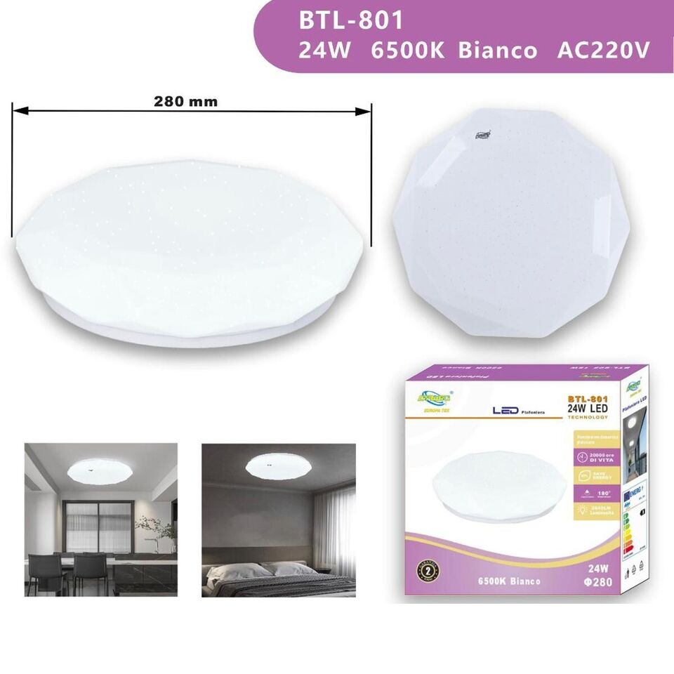 PLAFONIERA LED 24W LUCE FREDDA DIAMANTE EFFETTO CIELO STELLATO APPLIQUE BTL-801