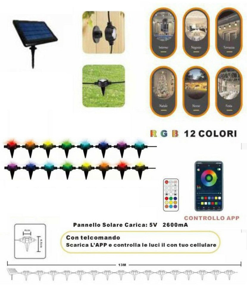 GUIRLANDE LED INTELLIGENTE RVB BALISE SOL EXTERIEUR SOLAIRE 16 AMPOULES IP65 F16C