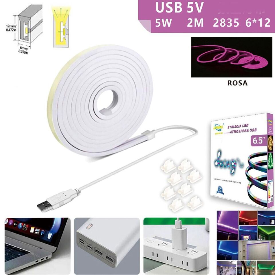 STRISCIA LED FLESSIBILE PER GANCI CON BINARIO SOFFITTO SCRITTA USB LUCE ROSA