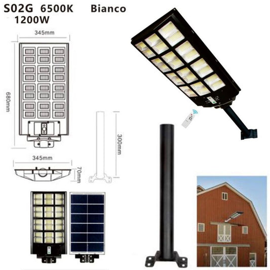 FARO LAMPIONE STRADALE PANNELLO SOLARE PALO TELECOMANDO SENSORE MOVIMENTO 1200W