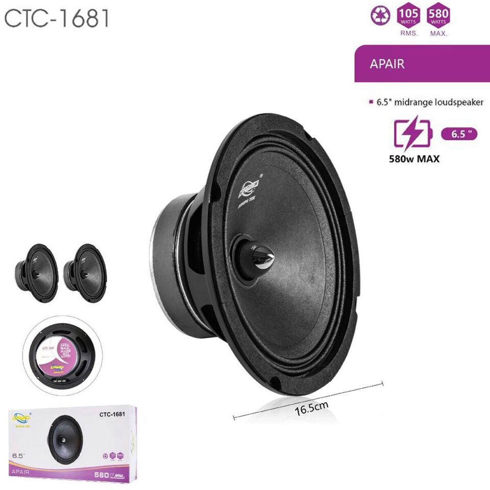 COPPIA CASSE AUTO ALTOPARLANTE AUDIO 16,5 CM 105W RMS 580W MAX SPEAKER CTC-1681