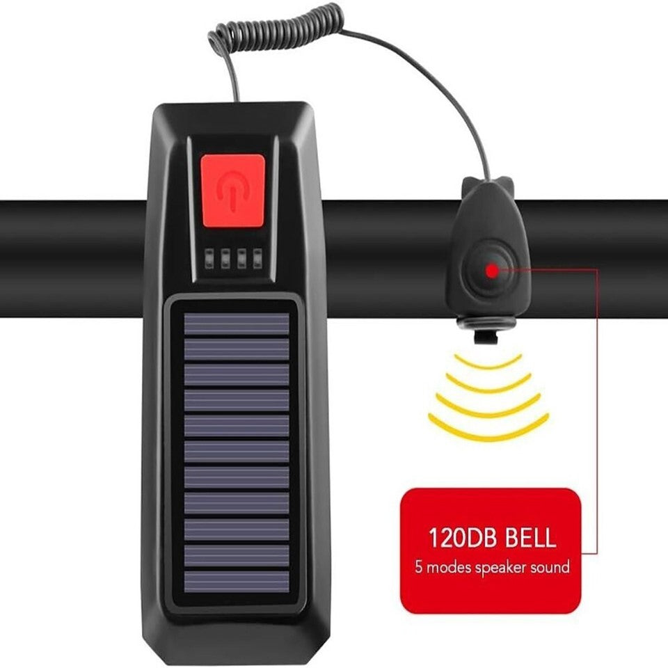 LUCE BICICLETTA LED RICARICABILE ENERGIA SOLARE FARO FANALE BICI USB CLACSON