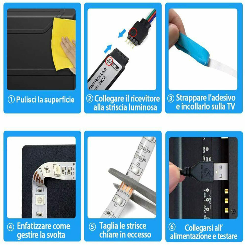 STRISCIA LED ADESIVA LUCE RGB RETROILLUMINAZIONE TV USB 2 MT FLESSIBILE TE-B0309