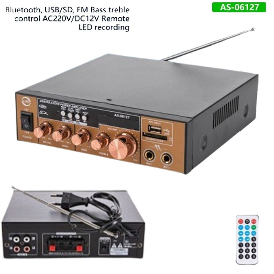 AMPLIFICATEUR AUDIO STÉRÉO 2 CANAUX MICROPHONE FM USB BLUETOOTH KARAOKÉ AS-06127