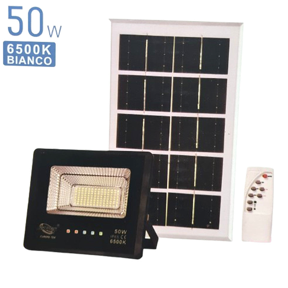 FARO LED FARETTO ALTA LUMINOSITA' PANNELLO SOLARE CREPUSCOLARE TELECOMANDO 50W