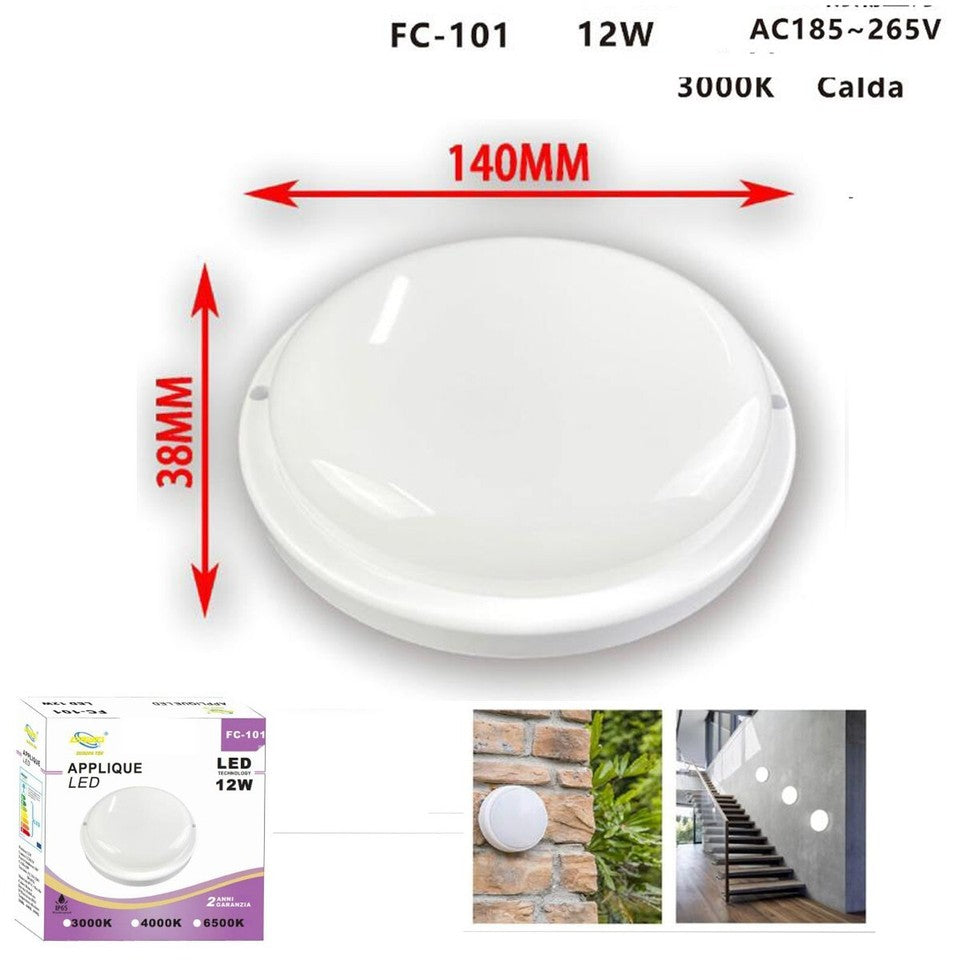 PLAFONIERA APPLIQUE LED SOFFITTO IP65 12W LUCE BIANCO CALDO 3000K FC-101