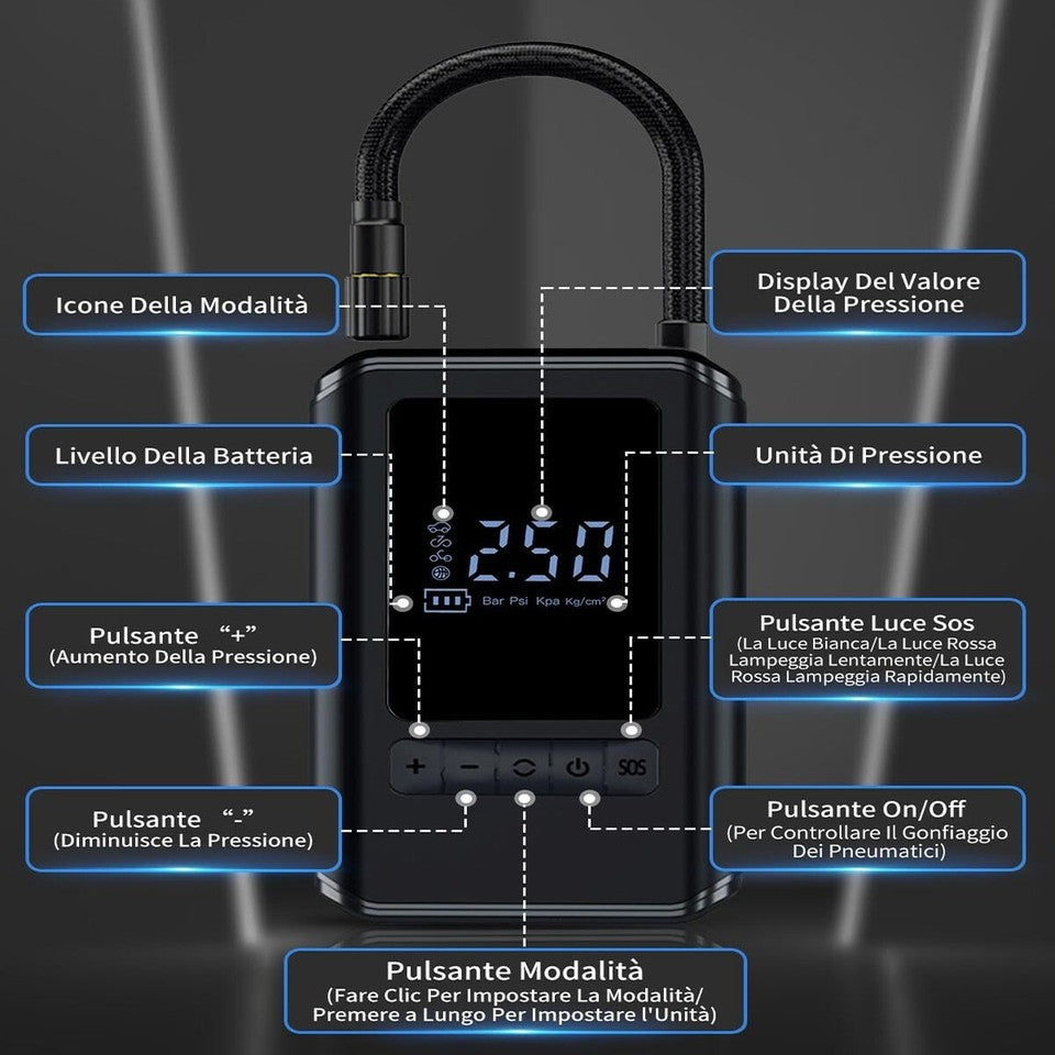 MINI COMPRESSORE AD ARIA AUTO PORTATILE GONFIATORE RICARICABILE DISPLAY LED AUTO