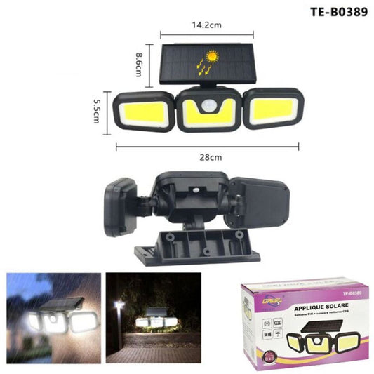 FARETTO COB LED SOLARE LUCE FREDDA SENSORE MOVIMENTO TRIPLA TESTA ROTANTE B0389